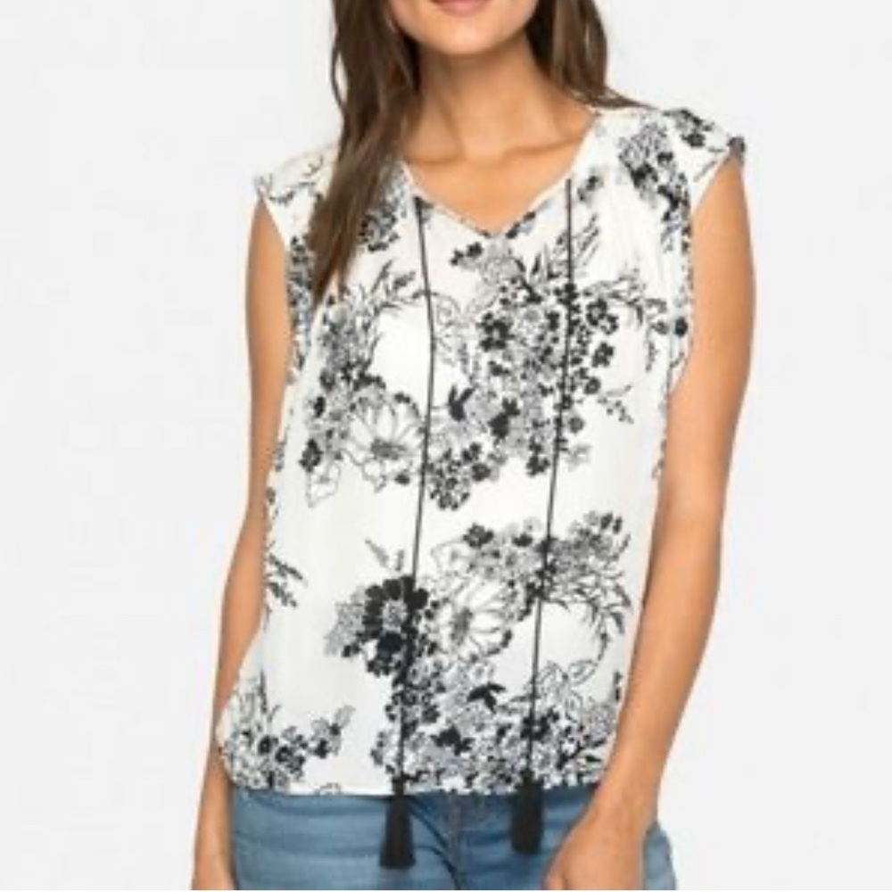 Johnny Was White Floral Cap-Sleeve Tassel Tie Top